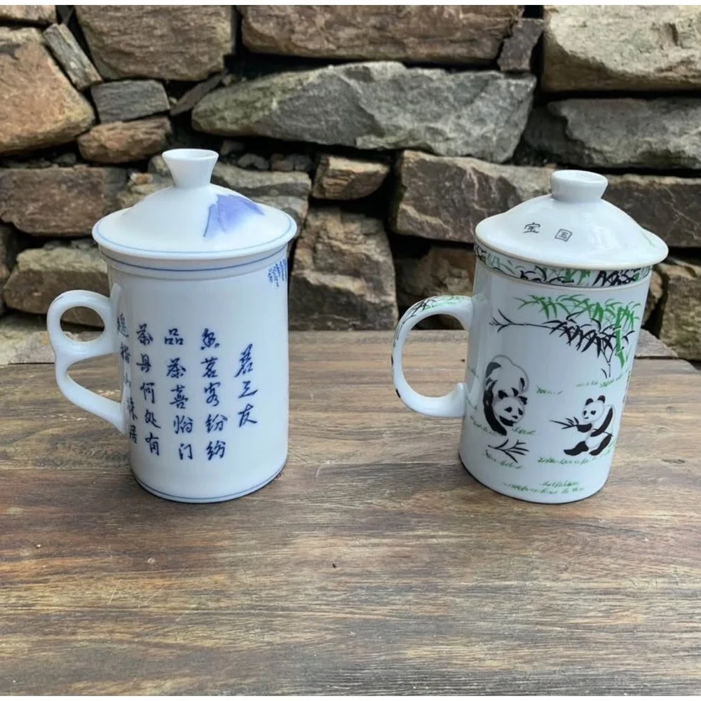Chinese Porcelain Tea Mugs with Infuser Strainer Lids Panda Water Buffalo Set 2